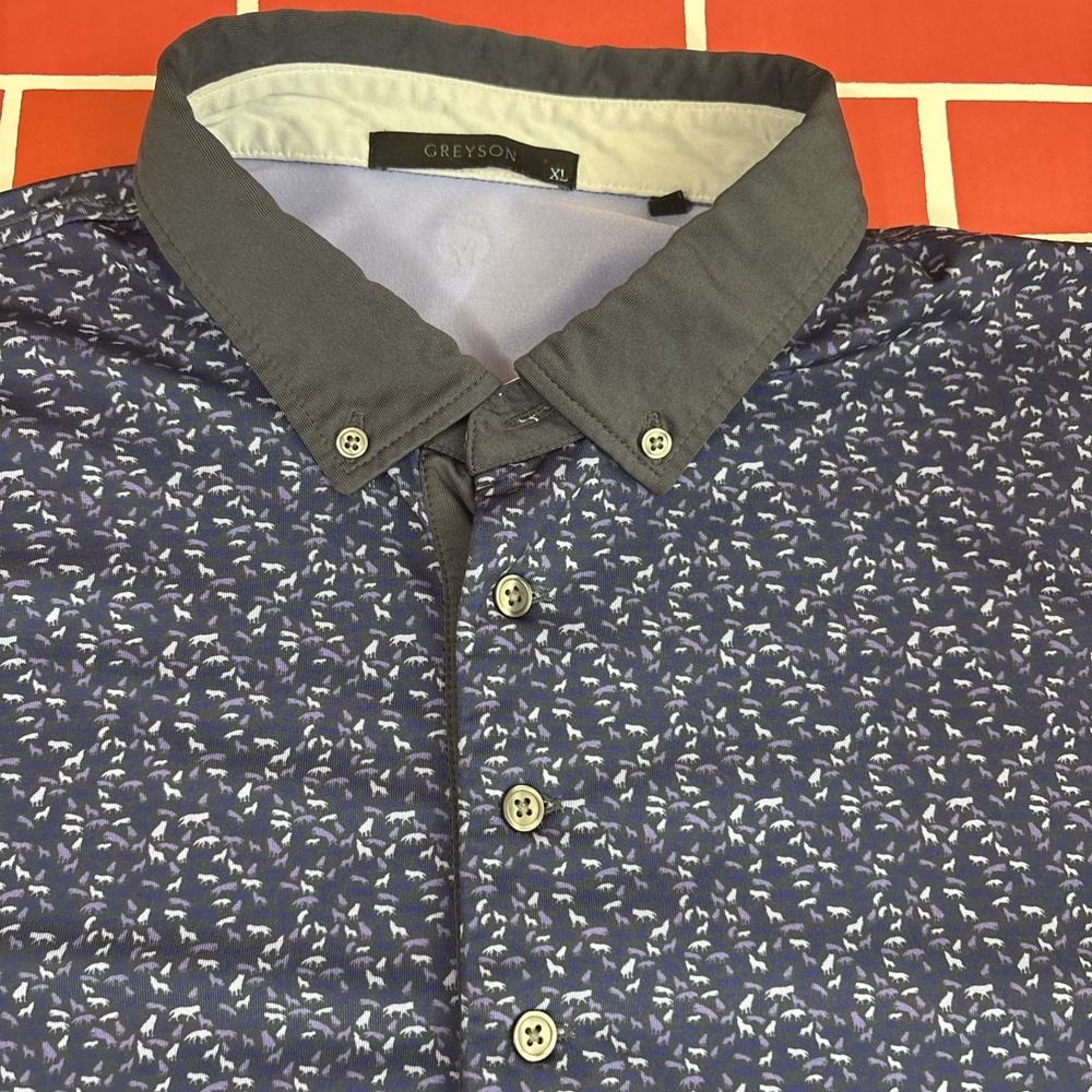 Greyson Golf Polo Shirt Mens XL Blue Wolf Print Button-Down Collar Short Sleeve